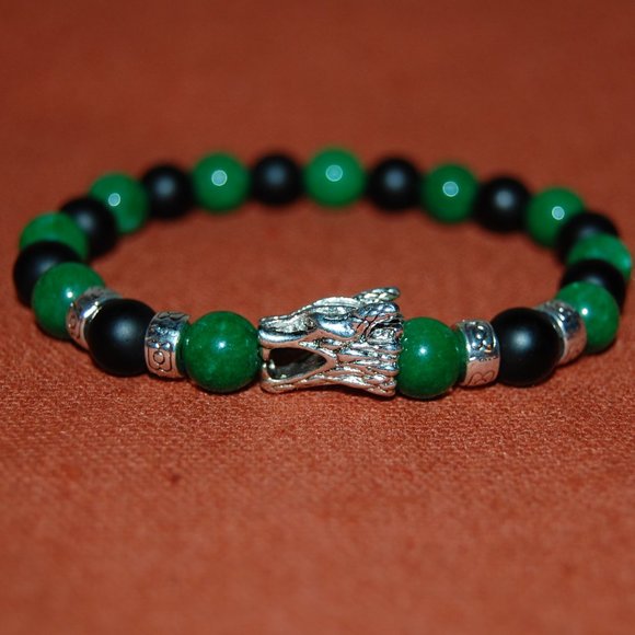 Dragon Bracelet,Jade Bracelet,Jade and Onyx 8mm Beads,Silver Dragon Bracelet - Picture 3 of 3